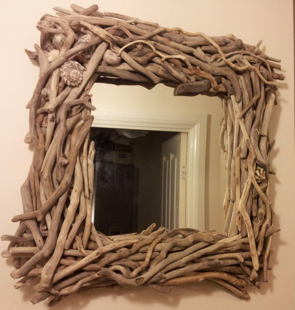 Square Driftwood Mirror with Shells; Square Mirror; Square Driftwood Mirror; Driftwood Mirror with Shells; Shell Mirror